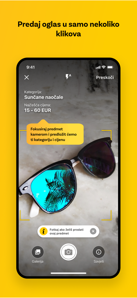 Njuškalo - Njuskalo Mobile App-Oberfläche, die KI-Fotoerkennung von Sonnenbrillen für eine schnelle Anzeigenerstellung mit vorgeschlagenem Preis und Kategorie zeigt