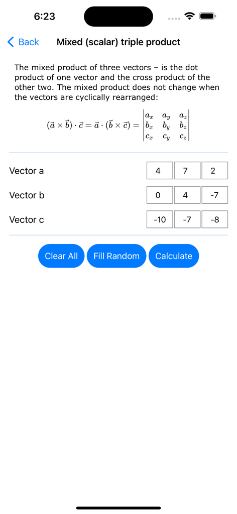 Oberfläche der Lineare Algebra App, die den Rechner für das gemischte Skalar-Tripel-Produkt mit Formel und Vektoreingabefeldern zeigt.