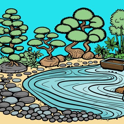 a serene zen garden with raked gravel, bonsai trees, and tranquil ponds