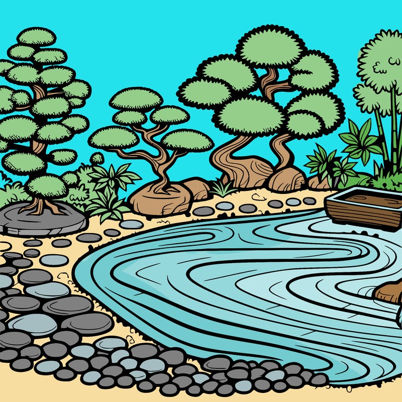 a serene zen garden with raked gravel, bonsai trees, and tranquil ponds
