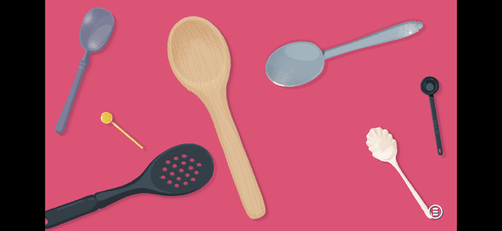 A Little to the Left - ピンクの背景に散らばったさまざまなキッチン用スプーンや食器類を整理するパズル。
