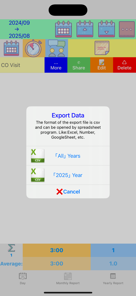 Ministry Service Report app interface showing a popup to export field service data in CSV format for Excel or Google Sheets.