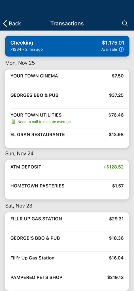 First Security Bank Bozeman - Transaction history screen in the First Security Bank Bozeman mobile app showing recent checking account activity and current balance