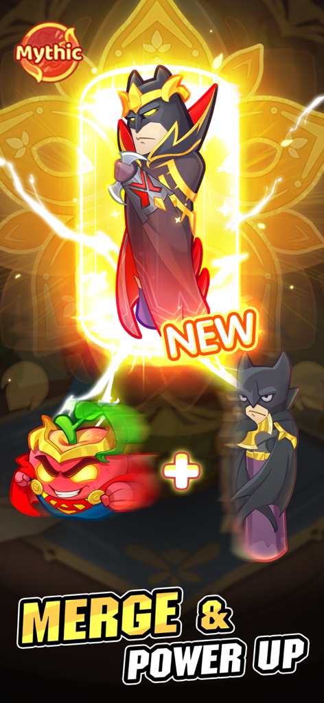 Two heroes merging to create a new mythic character in Plant Master TD Go