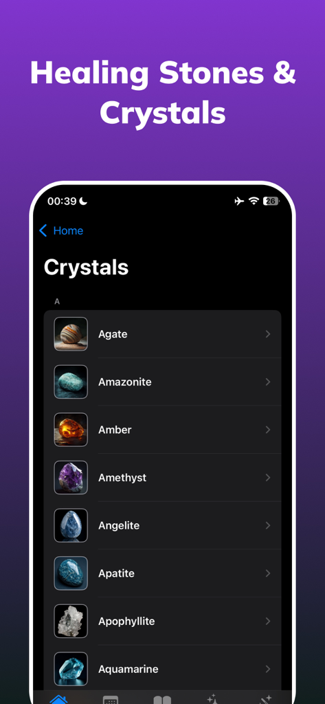 Wicca: Wiccan & Witchcraft - A list of various healing stones and crystals like Agate and Amethyst in the Wicca app.