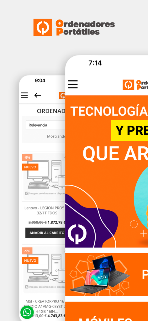 Ordenadores Portátiles - Interface da app móvel para Ordenadores Portatiles mostrando listagens de portáteis e banners promocionais