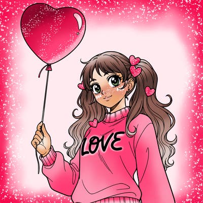 girl with no backround with a valentines day balloon in her hand holding it by the string. make her be facing the side but looking at the camera. have her have a cute valentines day sweater on. make her waist and up be showing. make her have cute pigtails with long hair. with cute hearts in her hair. make her hair be white. make her sweater just say the word love in cursive. nothing else on the sweater. make her hair be long and wavy