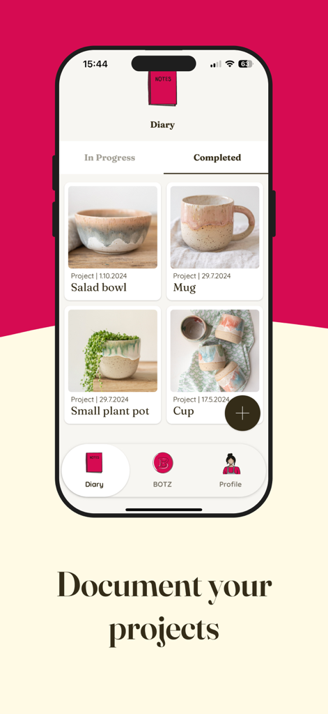 BOTZ Diary - Pantalla de la aplicación móvil BOTZ Diary mostrando una galería de proyectos de cerámica completados con fotos y títulos.