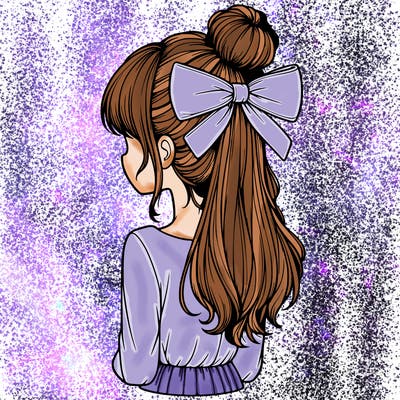 realistic girl  with hip length hair a bun and a big bow on the back of head