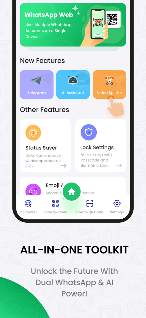 Dual App Manager: Chat Mate - Interface of the Dual App Manager Chat Mate app showing multiple features like WhatsApp Web, AI Assistant, and Video Splitter in an all-in-one toolkit.