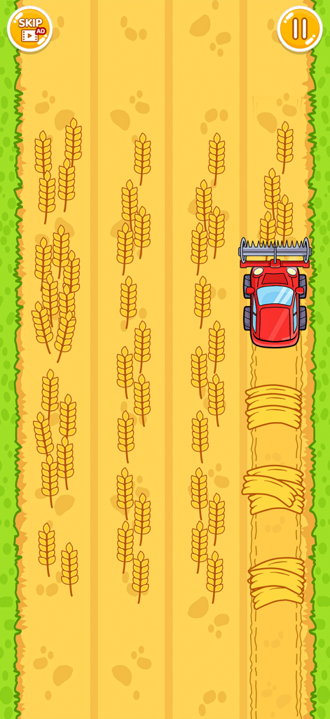 Tricky Tap - Finger Challenges - Top down view of a red tractor harvesting wheat in a satisfying puzzle game level