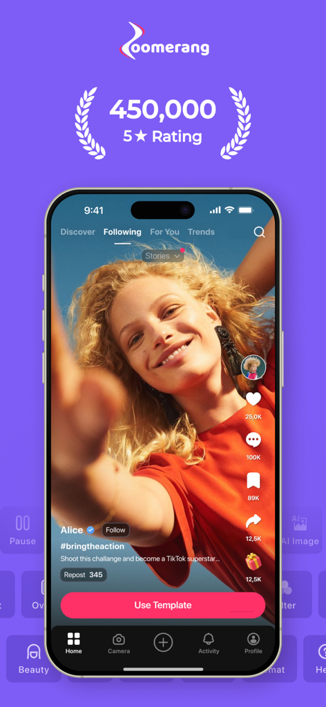 Zoomerang AI Video Maker app interface showing a social video template with high user ratings and editing tools