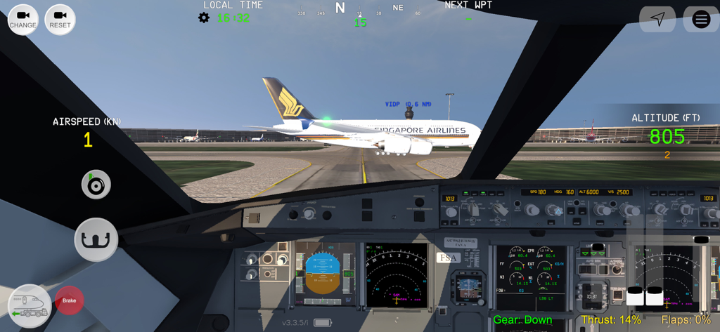 Flight Simulator Advanced - First-person cockpit view in Flight Simulator Advanced with a Singapore Airlines aircraft on the taxiway