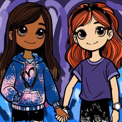 two 9 year old girls next to each other holding hands. one girl has long hair, a little skinny,  with big eyes, wearing a sweatshirt, and a watch on her right wrist. the other girl with medium long hair, freckles, a headband, and wearing a t-shirt