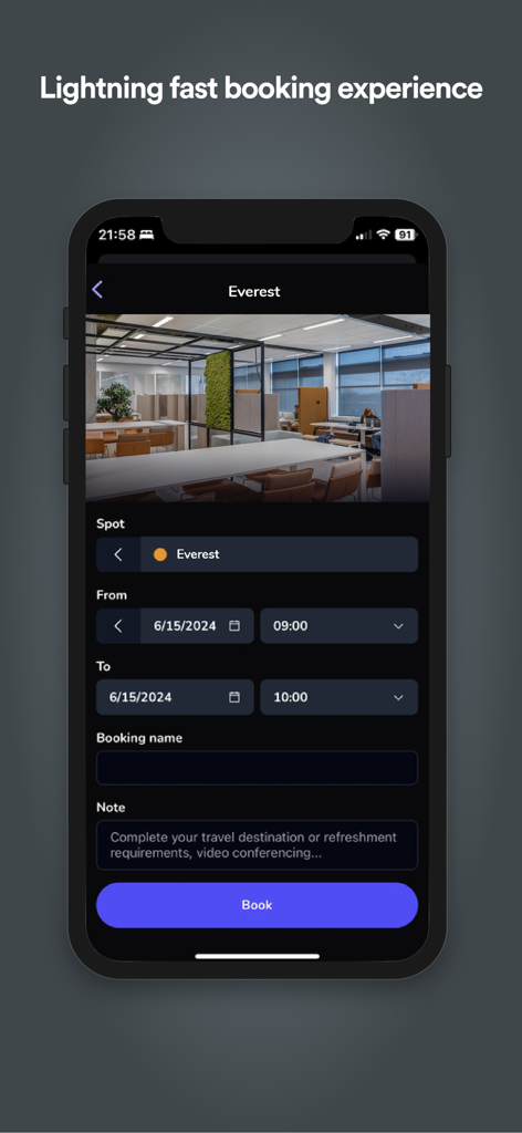 Whatspot - Whatspot mobile app screen for booking an office workspace named Everest