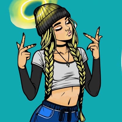 realistic teenage girl with braids and a beanie and crop top doing 🫶🏼