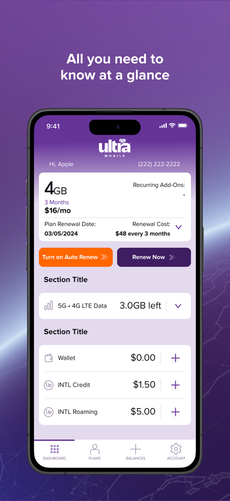 Ultra Mobile app dashboard interface showing data balance and international calling credit