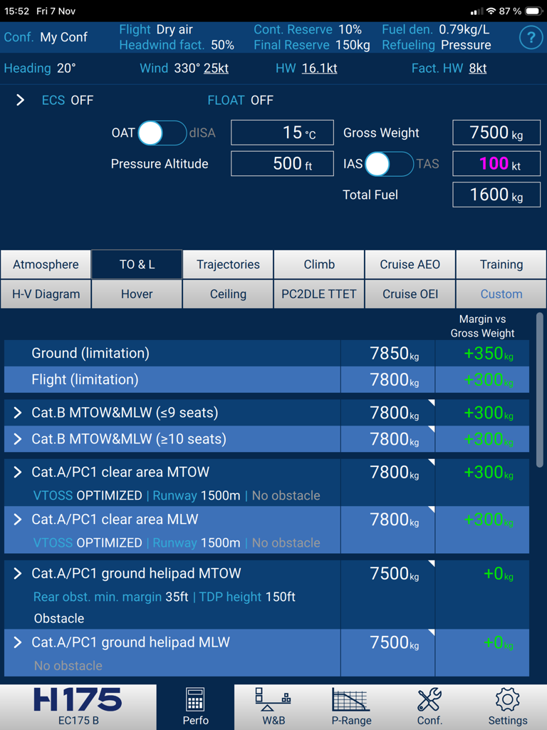 H175 Flight Perfo - Interfaz de la aplicación Airbus H175 Flight Perfo que muestra cálculos de rendimiento de despegue y aterrizaje y márgenes de seguridad.