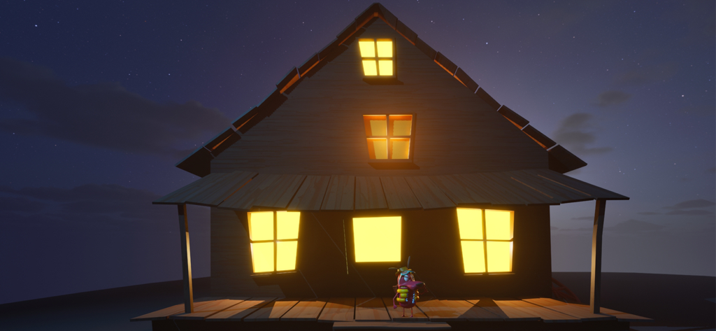 Um pequeno personagem de cachorro em pé na varanda de uma casa de madeira mal-assombrada com janelas brilhantes à noite