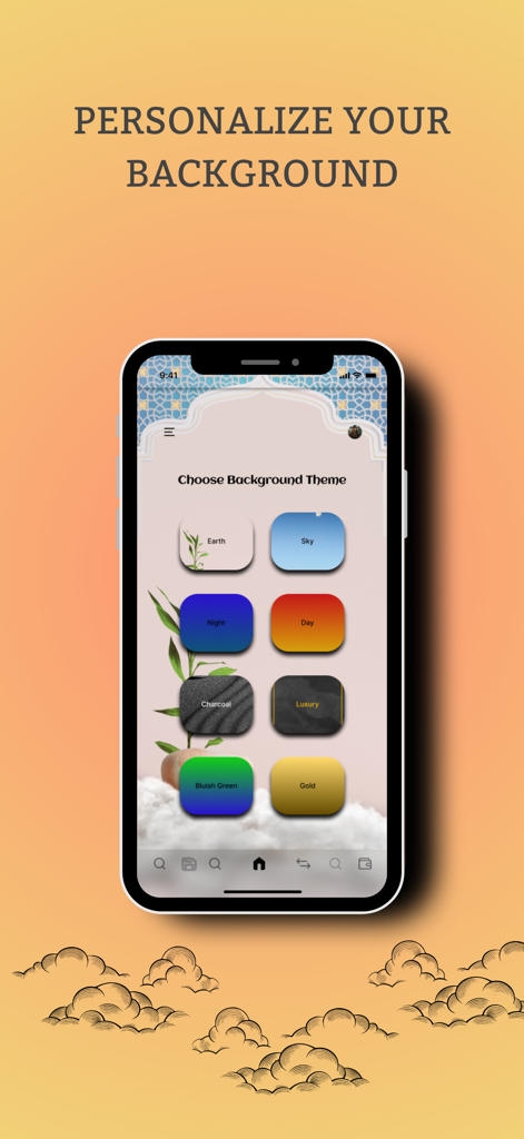 Safa's: Islamic Affirmations - A mobile interface for personalizing the app background with various color and nature themes like Earth, Sky, and Night.