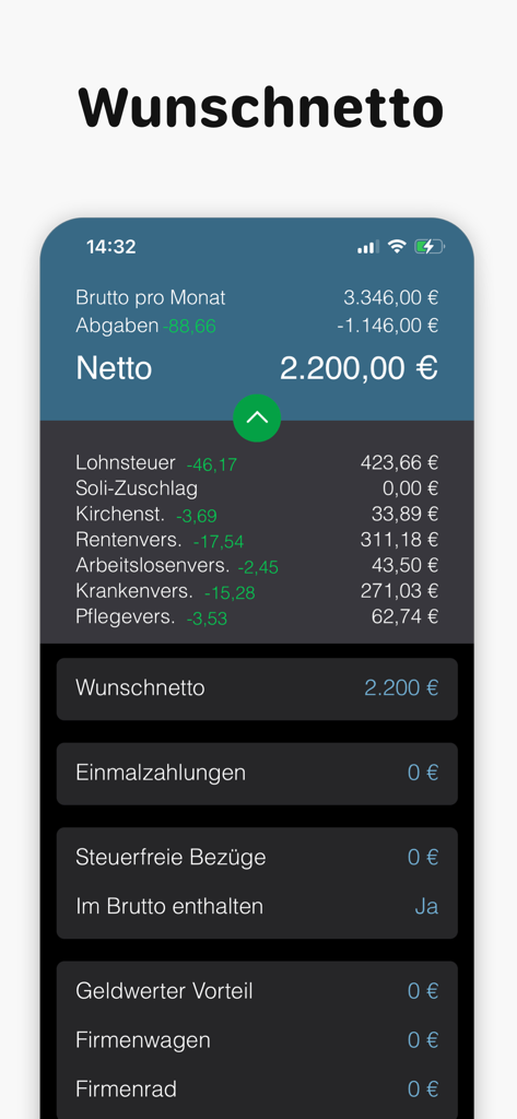 Bruno: Brutto Netto Rechner - Benutzeroberfläche der Bruno-App, die eine Ziel-Nettogehaltsberechnung für deutsche Steuern und Sozialversicherungsbeiträge zeigt