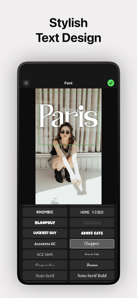 Cutout Camera AI Photo Editor - Interface showing stylish text fonts with a word layered behind a photo subject