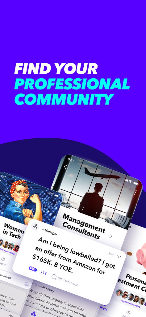 Interface do aplicativo Fishbowl exibindo grupos de comunidades profissionais e uma postagem de discussão sobre transparência salarial