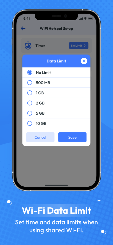 A mobile app screen showing options to set data usage limits for a wifi hotspot