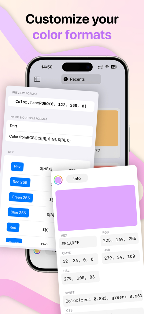 HueHouse - Color Picker - HueHouse app interface showing how to customize color formats for developers and designers