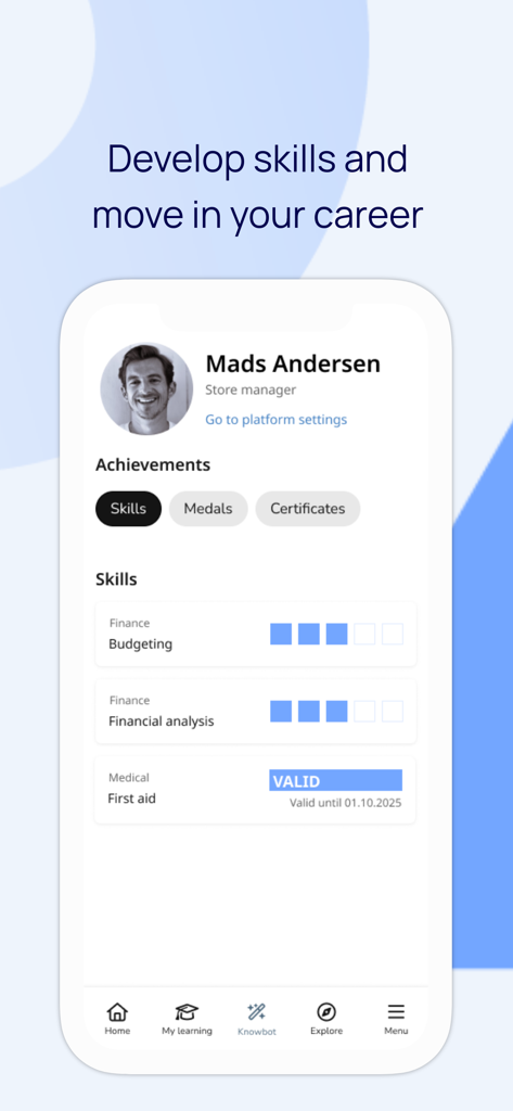 Learningbank - Learningbank mobile app user profile showing skills achievements and career progress