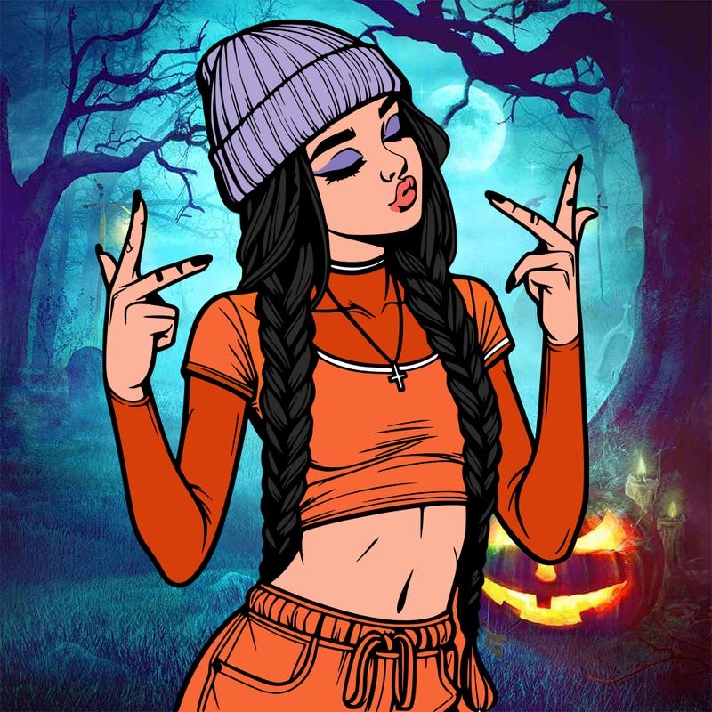 realistic teenage girl with braids and a beanie and crop top doing 🫶🏼