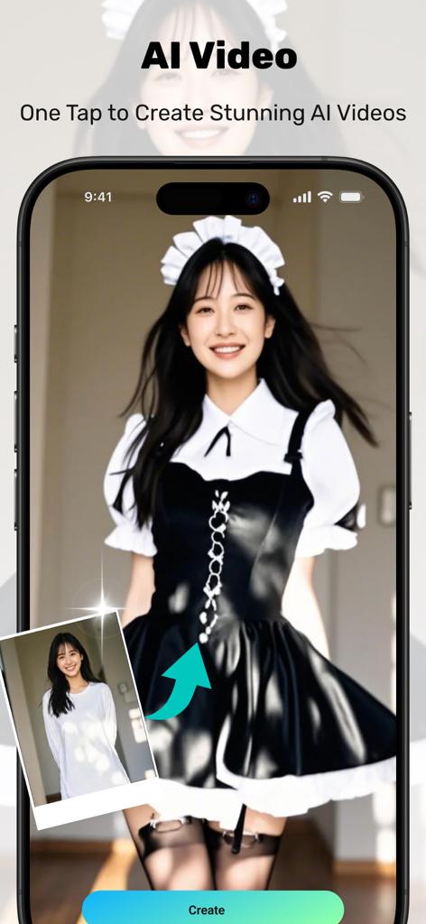 AI Twerking Video -Photo Dance - Smartphone screen showing AI video generation from a single photo with an outfit transformation