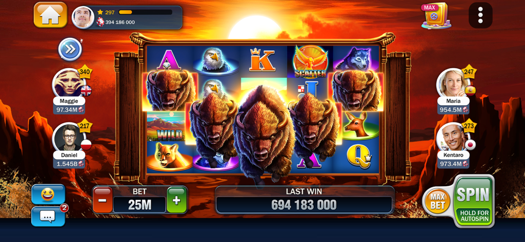 Capture d'écran de gameplay de Huuuge Casino montrant une machine à sous sur le thème du buffle avec des profils de joueurs sociaux et un affichage de gros gain