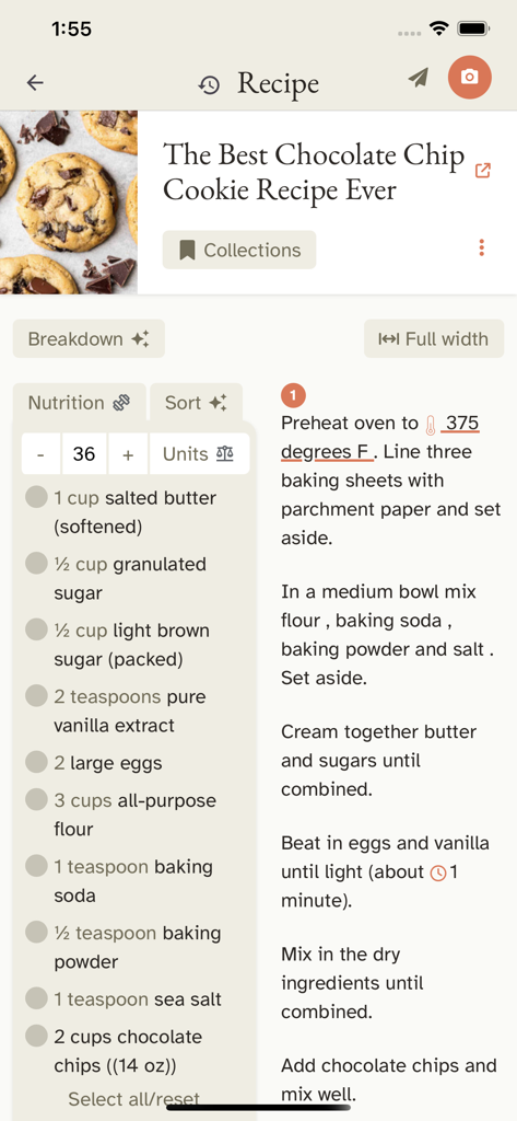 Cooked.wiki - Cooked wiki mobile app screen showing a chocolate chip cookie recipe with ingredients and instructions