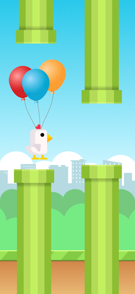 A white chicken character flying with balloons through green pipes in a city landscape