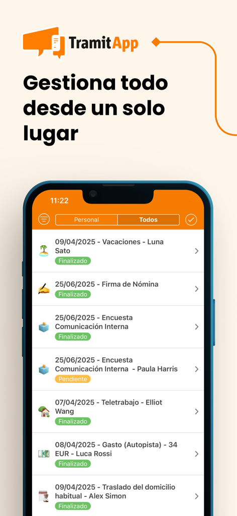 TramitApp Empleado - Dashboard of the TramitApp mobile application displaying a list of employee HR tasks including vacations, payroll signatures, and expense reports.