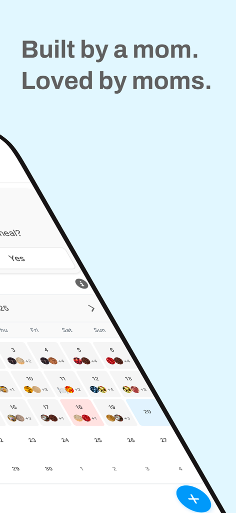 BabyBites - First baby foods - Monthly meal tracking calendar in the BabyBites app showing daily food icons for baby feeding logs