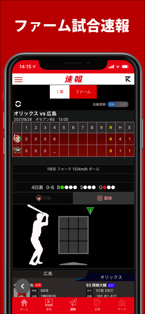 カープ公式アプリ - カーチカチ！ - Captura de pantalla de la aplicación de los Hiroshima Carp mostrando un informe de juego de béisbol en vivo con un marcador y gráficos de seguimiento de lanzamientos