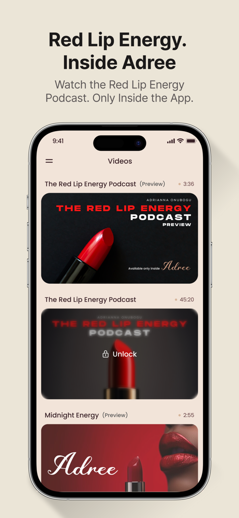 Adree - A mobile app interface displaying a list of dating coaching podcast videos titled Red Lip Energy.