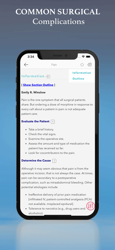 Washington Manual - Surgery - Captura de pantalla de la aplicación Washington Manual Surgery que muestra guías clínicas para complicaciones quirúrgicas comunes, específicamente manejo del dolor y evaluación del paciente.