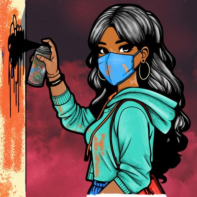 realistic girl with mask spray painting a wall