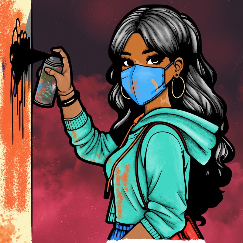 realistic girl with mask spray painting a wall