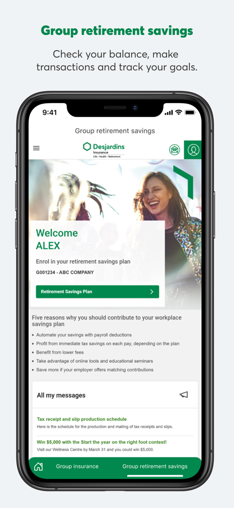 Omni by Desjardins - Omni by Desjardins app interface showing group retirement savings management.