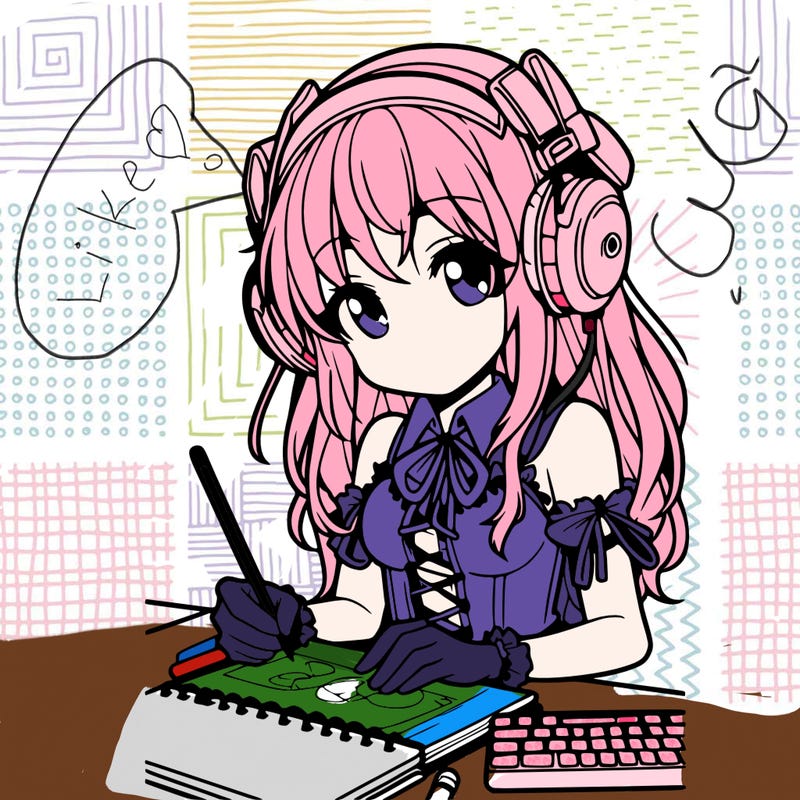 manga girl wearing headphones and drawing in sketchbook