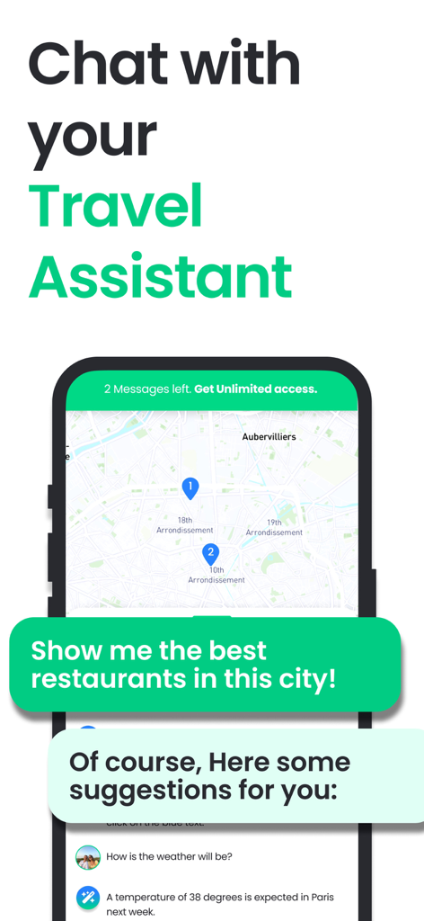 Interfaccia dell'app Tourist che mostra una chat con un assistente di viaggio AI per consigli su ristoranti e mappe