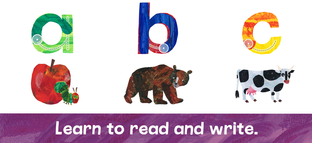 Hungry Caterpillar Play School - Alphabet learning activity featuring Eric Carle style illustrations of an apple brown bear and cow