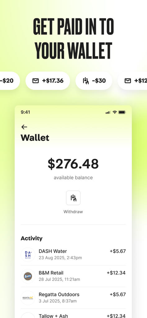 Social Tip: Post & Earn - A screenshot of the Social Tip app wallet interface displaying a balance of 276 dollars and a history of brand earnings.