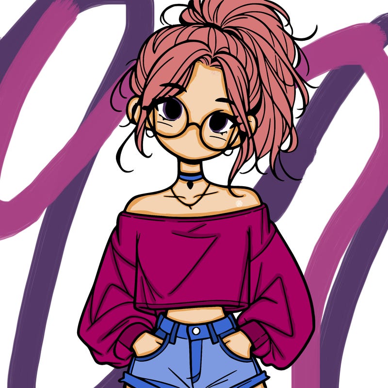 girl with a messy ponytail glasses a baggy crop top and jean shorts