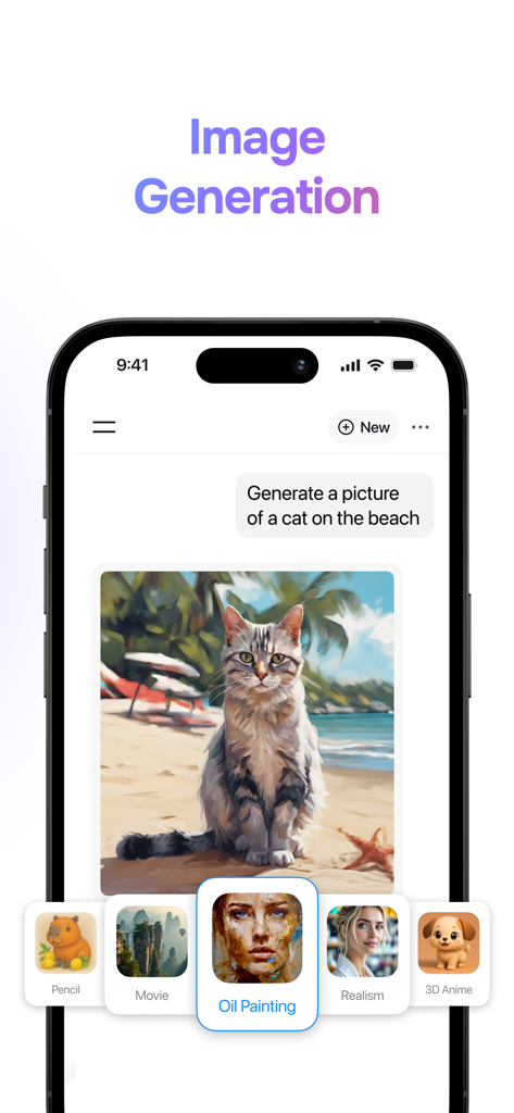 Sigma AI Browser - Sigma AI Browser app showing AI image generation feature with a prompt for a cat on the beach in oil painting style