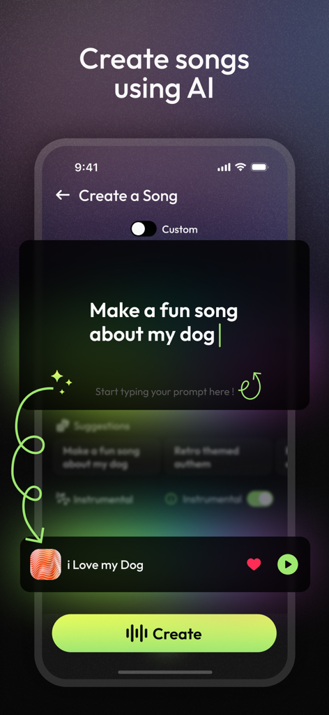 Bach - AI Music Generator - Interface of Bach AI Music Generator app showing how to create a song using an AI prompt